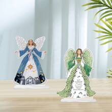 2 piezas Kit de ornamento de mesa con figuritas de pintura de diamantes - Exquisito ángel 5D DIY arte de diamantes acrílicos ornamento para decoración de hogar u oficina, ideal para relajación y expresión creativa con temas de genio azul y verde claro, fácil para principiantes