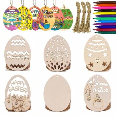 42pcs Unfinished Wooden Easter Egg Ornament DIY Craft Supplies With Jute Rope, Holiday Party Decorations