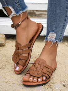 Chinelos Trançados Feitos à Mão em Cor Sólida para Mulheres, Calçados Casuais Planos de Praia de Verão, Tipo Slip-On