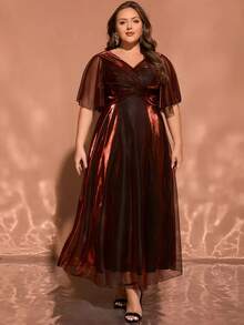 Women V-Neck Elegant Solid Color Semi-Sheer Sleeve Dress, Suitable For Parties, Party Dress, Wedding Guest Dress, For Cocktail