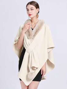 1pc Plus Size Women Asymmetrical Lapel Fuzzy Ball Decor Crossover Shawl, Warm For Autumn/Winter, Oversized European Style - Beige - View 5