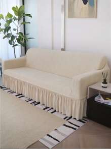 1pc Beige Arched Jacquard Velvet Sofa Cover, With Elastic Full Skirt, Minimalist Modern, Polyester Fiber Material, Suitable For 1-4 Seater Sofa - 210g/Sqm, Sofa Protector | Elegant Home Decor | Ruffle Edge Detail - Beige - View 6