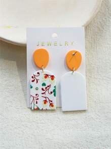 1 对女士花卉叶印花赤土纹理亚克力优雅耳环，橙色 - 彩色 - 查看 8