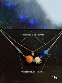 2 Pcs Planet & Star Crystal Copper Necklace Set, Fashionable Jewelry For Men And Women, Party Accessory