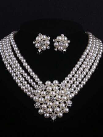 3pcs/Set Faux Pearl Floral Wedding Jewelry Set - Necklace & Earrings, Suitable For Formal Events, Bridal Accessories