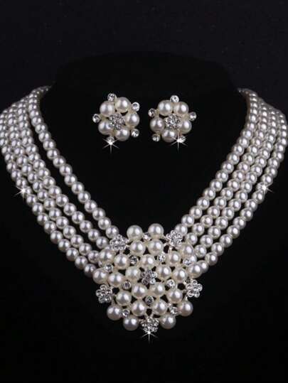 3pcs/Set Faux Pearl Floral Wedding Jewelry Set - Necklace & Earrings, Suitable For Formal Events, Bridal Accessories