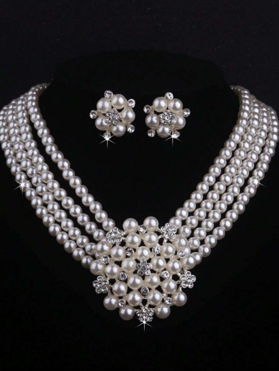 3 PiecesFaux Pearl Happiness Flower Wedding Necklace Earrings Jewelry Set Suitable For Dinner Party Brides Wedding Accessories
