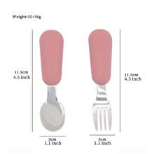 2pcs Kids/Toddler Dinnerware Set, Children Cutlery Set With Silicone Handles, Stainless Steel Kids Spoon And Fork, Silicone - Dishwasher Friendly - Beige - View 4