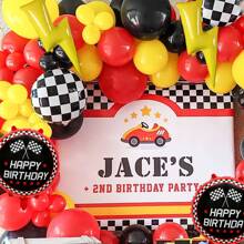86pcs/Set Racing Car Theme Party Balloon Arch Kit, Red Yellow Black Balloons Arch Set, Sports Car Birthday Party Decor, Checkered Foil Balloons, Car Party Supplies