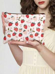 1pc Aardbeienpatroon Thema Volledige Print Make-up Tas - Lichtgewicht En Geurloze Polyester Reis Toilettas, Cartoon Aardbei Leuke Multifunctionele Canvas Tas, Oplaad Opbergtas, Essentiële Reis Make-up Tas: Meisjes Reis Reddingsboei Tas