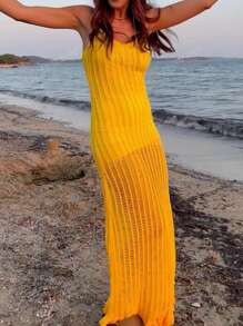 Vestito da donna casual da spiaggia per vacanze primavera ed estate, in tessuto a rete traforato lavorato a maglia, senza retro, senza biancheria intima