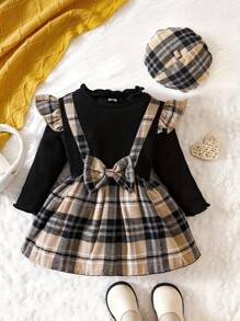 Baby Girl Knitted Plaid Dress With Bow Decor, Elegant Vacation Party Long Sleeve Jumpsuit With Hat, Spring/Autumn
