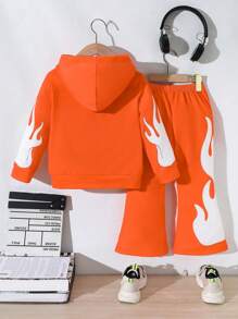 2 pièces/Set Jeune garçon sweat-shirt à capuche décontracté et léger avec imprimé lettre et crâne orange, Top à manches longues et pantalon long avec imprimé crâne noir, ensemble printemps/automne