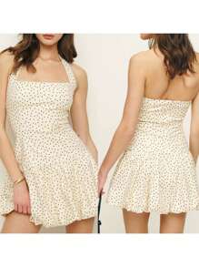 Women Sleeveless Mini Dress Casual Summer Bubble Hem Backless Halter Neck Party Dress For Beach Club Streetwear - 白色 - 查看 3