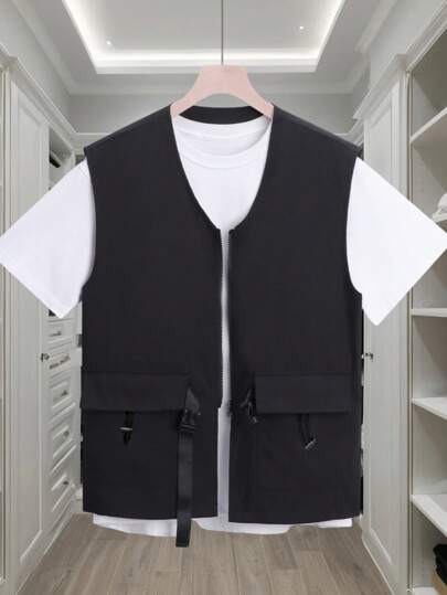 Men's Solid Color Zipper Pocket Casual Outdoor Vest Jacket, Suitable As Gift For Friend, Husband, Boyfriend, Father's Day