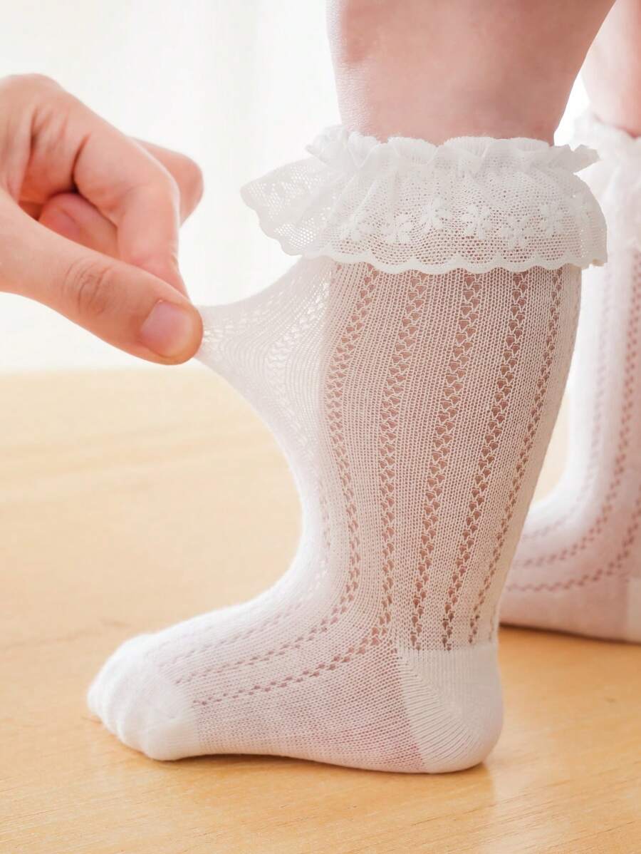 1pair Soft And Breathable Lace Edge Princess Style Over Knee High Socks For Toddler Girls And Babies - White - View 1