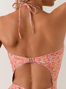 Maillot de bain une pièce sexy à imprimé floral et dos nu, ajouré, pour femme, tenue de plage à la mode pour les vacances, la plage, le camping et la natation. - Orange - Voir 5