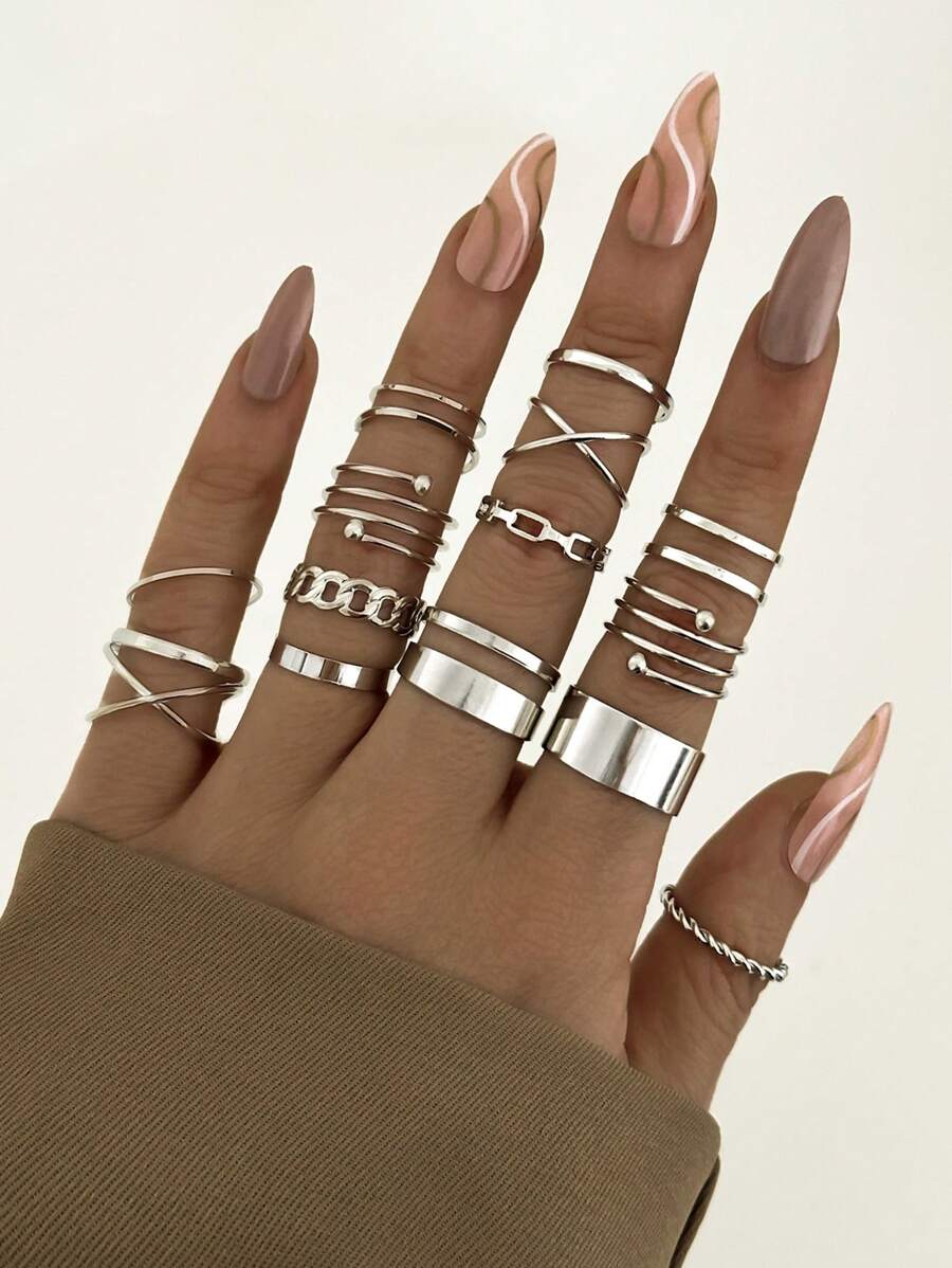 Stylish Street Fashion Personalized Ring Set, Hip Hop Minimalist Alloy Rings, Retro Minimalist Goth Rings - Silver - View 1