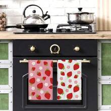 2 pezzi Strofinacci da cucina con stampa di fragole da 16"X24", super morbidi in poliestere, adatti per feste estive con torte alla fragola e decorazioni per il primo compleanno - Multicolore - Visualizzare 3