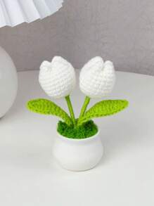1pc/2pcs 2 Flower Heads (White), DIY Handmade Mini Potted Plant, Crochet Tulip, Mother's Day Gift, Home, Office, Desktop, Wedding, Birthday, Holiday Decor, Christmas & New Year Gift, For Boyfriend/Girlfriend/Father Gifts Graduation