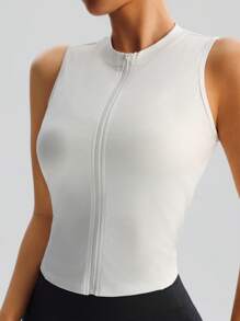 Chaleco ajustado de mujer con cremallera frontal, top deportivo para yoga y tenis de cuello alto y transpirable