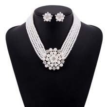 3pcs Set Elegant Rhinestone Flower & Pearl Necklace And Earrings Jewelry Set - White - View 8