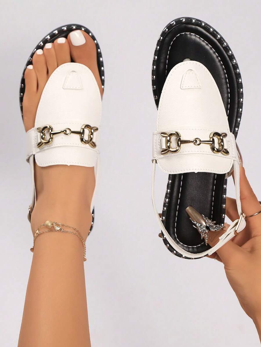 2025 Women's Metal Buckle Round Toe Sandals, New Summer Versatile Comfortable Casual Outdoor Slip-On Beach Travel Flats With Anti-Slip Sole - Beige - View 1