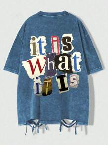 Hemo Vintage Asymmetrical Tassel Round Neck Short Sleeve Washed T-Shirt - Blue - View 1