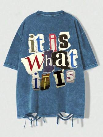 男士复古不对称流苏圆领短袖水洗T恤，街头风格，emo