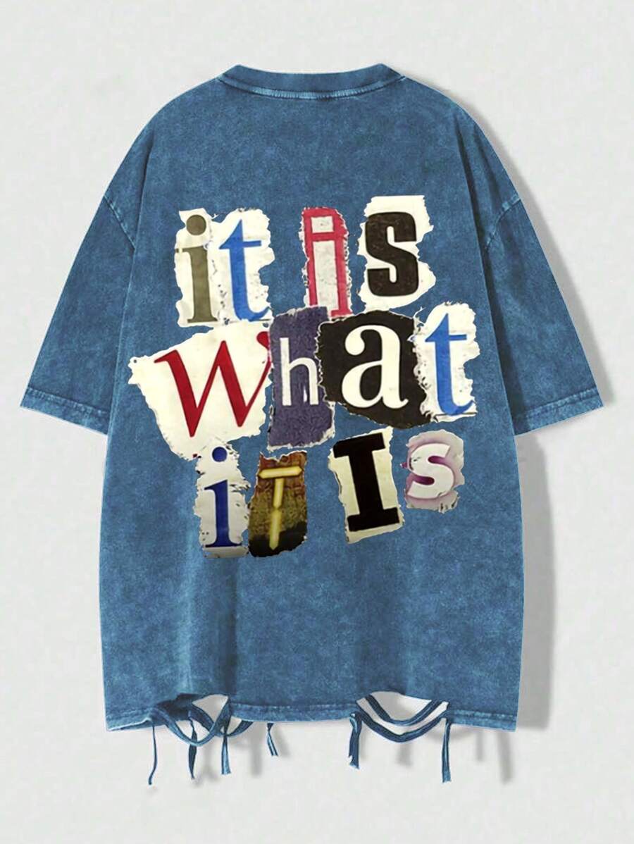 Hemo Vintage Asymmetrical Tassel Round Neck Short Sleeve Washed T-Shirt - Blue - View 1