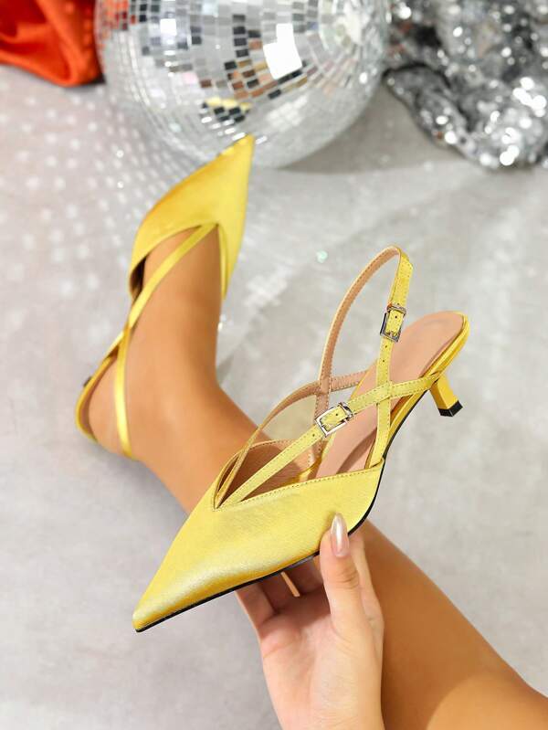 Elegant Ladies' Pointed Toe Stiletto Mid-Heel Mary Jane Mule Sandals, Sexy Golden Color, Suitable For Party And Outdoor Occasions, Spring/Summer