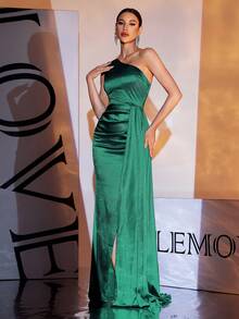 Vestido de noche largo con un hombro, volantes y abertura lateral, de satén verde para mujer - Verde - Ver 5