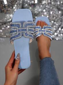 Nuove ciabatte estive da donna casual con punta quadrata e aperta, decorate con strass di cristallo, adatte per uso all'aperto e spiaggia