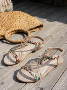 WRCVS Beige Women's Shoes, Summer Flat Sandals, Beaded Woven Flat Shoes, Lightweight, Suitable For Vacation, Beach, Random Woven Pattern, Mid-Low Non-Slip Design - Beige - View 5