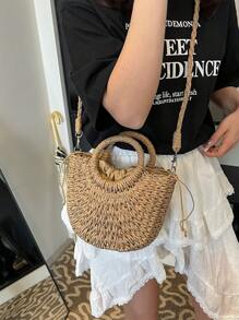 Bohemian Style Straw Tote Bag, Fashionable Women Shoulder Bag, High-Quality Multi-Function Shopping Bag, Suitable For Travel And Vacation, Earth-Tone Colors Matching Autumn Outfits, Casual Accessory, Eye-Catching Beach Bag Summer, Summer Straw Beach Bag For Women, Vacation Essentials, Perfect For Summer, Vacation & Beach - Multicolor - View 6