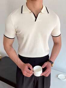 男式休闲撞色边饰 Polo 领短袖针织衬衫，春夏 - 白色 - 查看 3