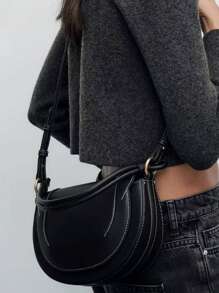 Spring New Product For Foreign Trade: Women's Bag, Wine Red Saddle Bag, Color Contrasting Thread Cutting Decoration, Handheld Shoulder Cross Shoulder Flip Hard Bag