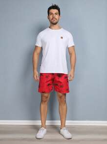 Men's Beach Shorts With Tree Print And Pocket - Đỏ - Xem 3