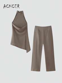 2pcs/Set Women Casual Asymmetric Neck Blouse + Drawstring Waist Pants - Coffee Brown - View 3