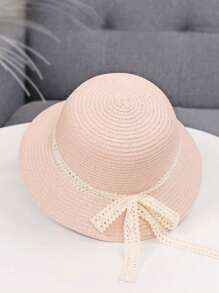 1 件装新款儿童草帽，夏季防晒，可爱卡通渔夫帽，适合户外海滩 - 蕾絲飄帶草帽 - 查看 3