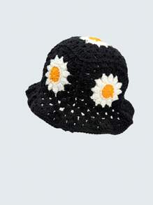 1pc Y2K Style Handmade Floral Crochet Fisherman Hat For Women, Colorful Hollow Knitted Fisherman Hat Suitable For Casual, Vacation, Boho Street Style (Random Patchwork) - Pure Color Streaky - View 18