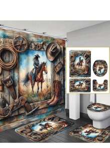 4 Stücke Badezimmer Vorhang Set im Bauernhof-Stil mit Pferdemotiv, moderne Badezimmer Dekoration, wasserdichter Stoffvorhang Set mit 12 Haken, rutschfeste Badematte, U-förmige Toilettenauflage, Toilettendeckel, geeignet als Geschenk für Zuhause, St. Patrick's Day Badezimmer Accessoires, Rückkehr zur Schule