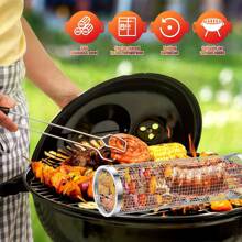 Rolling Grilling Baskets Outdoor Accessories, Stainless Steel Cylinder Tubes, Vegetable Cage Veggie, Large Round Mesh Rotation, Grill Bbq Basket Nets Veggies Barbecue Round Net Cylinders, Barbeque Kabob Fish Meat Gear Gift, Cylinder Cage Cooking Accessories For Veggie, Fish, Meat,Gift For Men,For Valentine's Day, Mother's Day, Father's Day, Outdoor Barbecue Festival