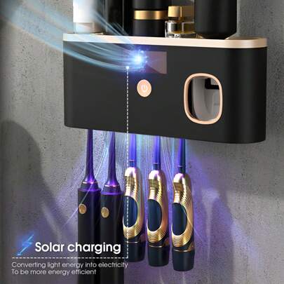 Intelligent UV Toothbrush Sanitizer Holder And 5 Slots Toothbrush Holders, Toothbrush Holder Wall Mounted With Toothpaste Dispenser, USB/Solar Rechargeable Toothbrush Sterilizer, Bathroom Toothbrush Sanitizer, Without Drilling Home Bathroom Decor Fall Decor Back To School