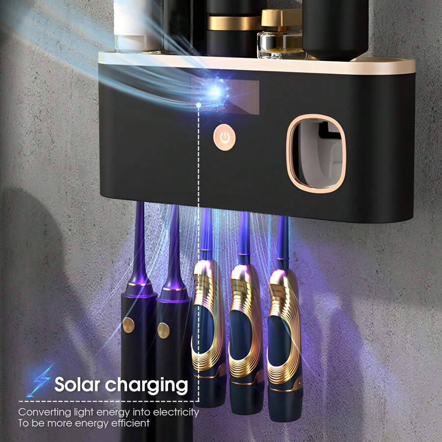 Intelligent UV Toothbrush Sanitizer Holder And 5 Slots Toothbrush Holders, Toothbrush Holder Wall Mounted With Toothpaste Dispenser, USB/Solar Rechargeable Toothbrush Sterilizer, Bathroom Toothbrush Sanitizer, Without Drilling Home Bathroom Decor Fall Decor Back To School - 黑金色 - 查看 1