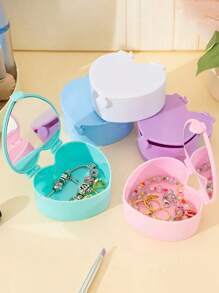 1 件儿童珠宝收纳盒，心形发饰收纳盒带镜子，个性化简约设计，适合家庭、宿舍、便携式日常使用 - 彩色 - 查看 2