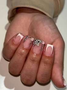 Sanrio Short Square 24pcs French Tip Nails - Cute Style Flower With Rhinestones Fit Perfectly Acrylic Fake Nail Set. Suitable For Daily Parties, Gatherings, And Special Occasions. Includes 1pc Jelly Glue And 1pc Nail File. Press On Nails