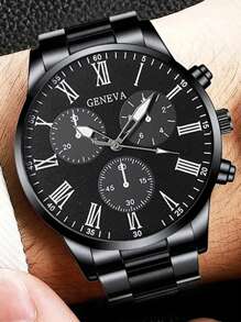 Conjunto de 4 piezas de reloj de cuarzo de moda para hombre - Estilo de negocios con colgante de flecha, pulsera, anillo, reloj de acero inoxidable con pantalla analógica precisa, cómodo, adecuado para uso casual y deportivo - Regalo ideal para él