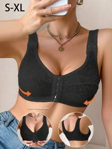 Women's Wireless Front Closure Lace Patchwork Comfort Bra - Black - View 7