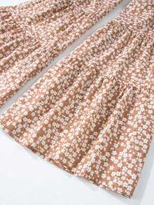 Acelitt Summer Women's Vacation Style Floral Sweeping Frill Wide Leg Suspender Jumpsuit - Khaki - View 9